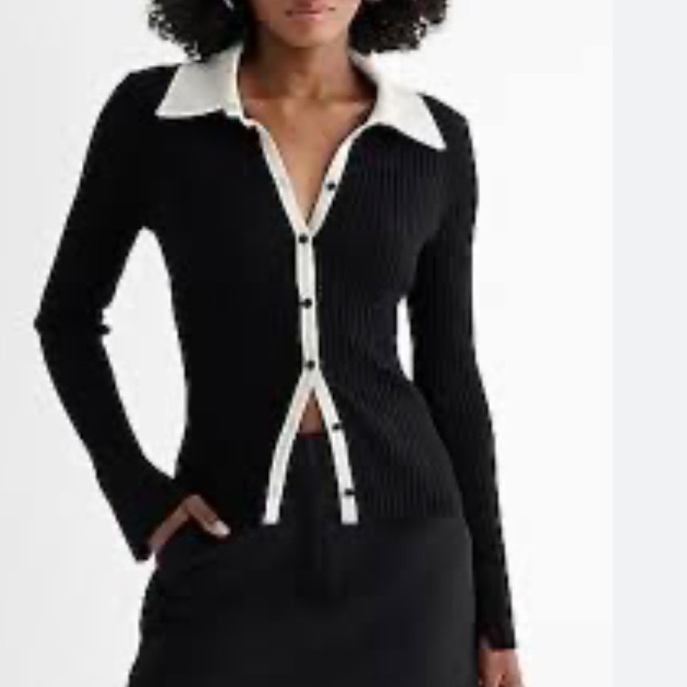 Express Black Ribbed Button-Up Cardigan with White Trim